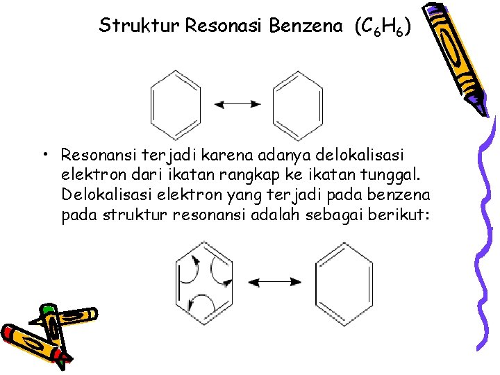 Struktur Resonasi Benzena (C 6 H 6) • Resonansi terjadi karena adanya delokalisasi elektron Struktur Resonasi Benzena (C 6 H 6) • Resonansi terjadi karena adanya delokalisasi elektron