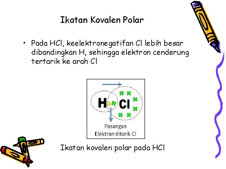Ikatan Kovalen Polar • Pada HCl, keelektronegatifan Cl lebih besar dibandingkan H, sehingga elektron Ikatan Kovalen Polar • Pada HCl, keelektronegatifan Cl lebih besar dibandingkan H, sehingga elektron