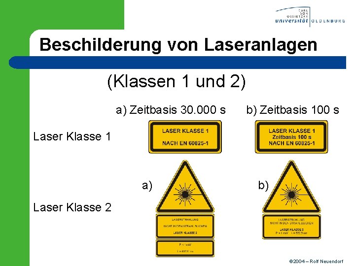 Beschilderung von Laseranlagen (Klassen 1 und 2) a) Zeitbasis 30. 000 s b) Zeitbasis