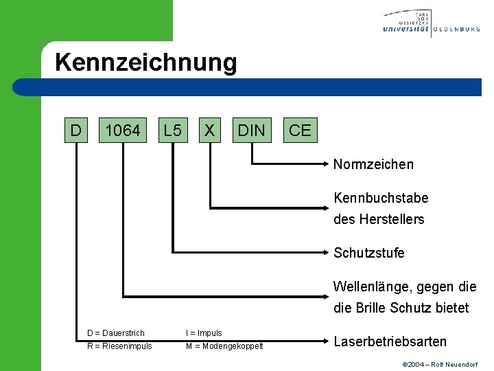 Kennzeichnung D 1064 L 5 X DIN CE Normzeichen Kennbuchstabe des Herstellers Schutzstufe Wellenlänge,