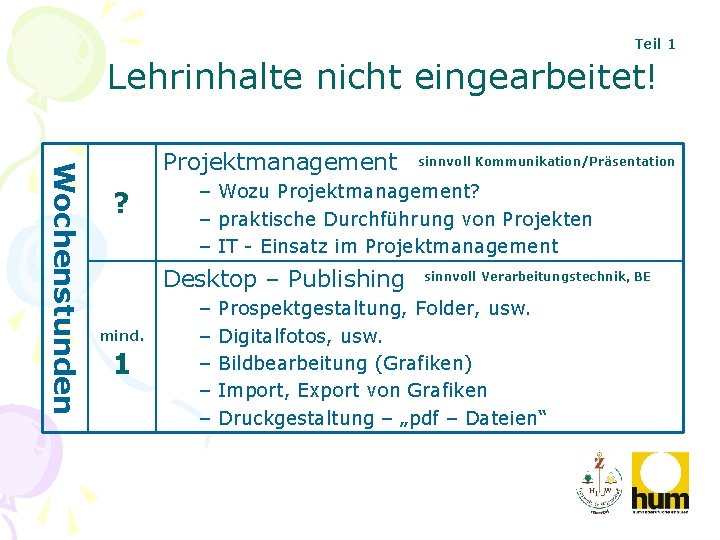 Teil 1 Lehrinhalte nicht eingearbeitet! Wochenstunden Projektmanagement ? – Wozu Projektmanagement? – praktische Durchführung