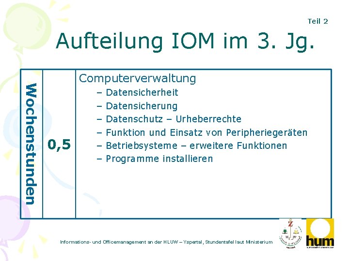 Teil 2 Aufteilung IOM im 3. Jg. Wochenstunden Computerverwaltung 0, 5 – – –