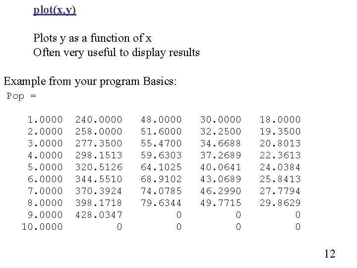 plot(x, y) Plots y as a function of x Often very useful to display