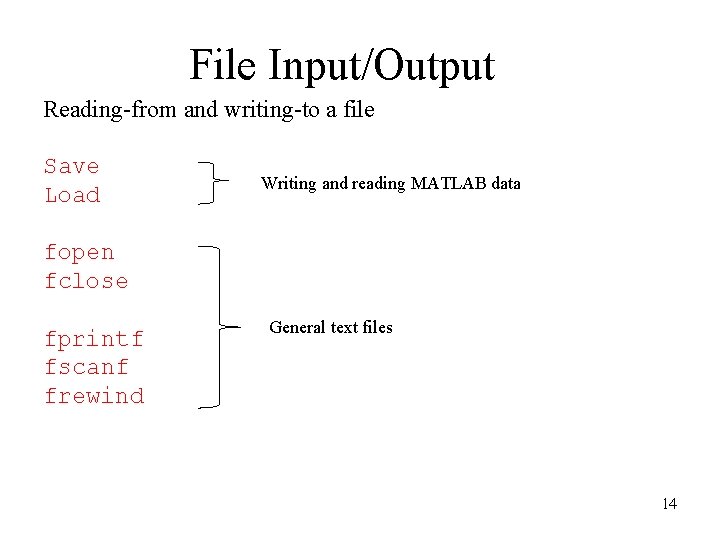 File Input/Output Reading-from and writing-to a file Save Load Writing and reading MATLAB data