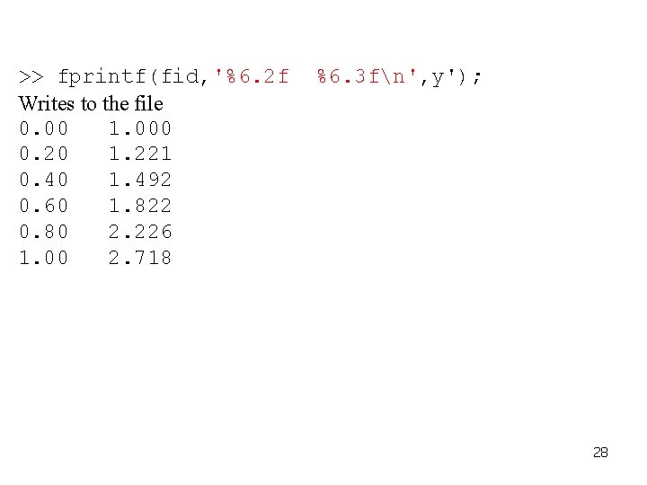 >> fprintf(fid, '%6. 2 f Writes to the file 0. 00 1. 000 0.