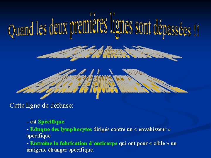 Cette ligne de défense: - est Spécifique - Eduque des lymphocytes dirigés contre un