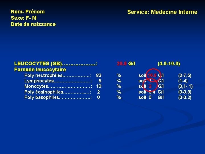 Nom- Prénom Sexe: F- M Date de naissance LEUCOCYTES (GB)………………. . : Formule leucocytaire