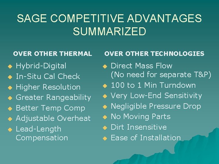 SAGE COMPETITIVE ADVANTAGES SUMMARIZED OVER OTHERMAL u u u u Hybrid-Digital In-Situ Cal Check