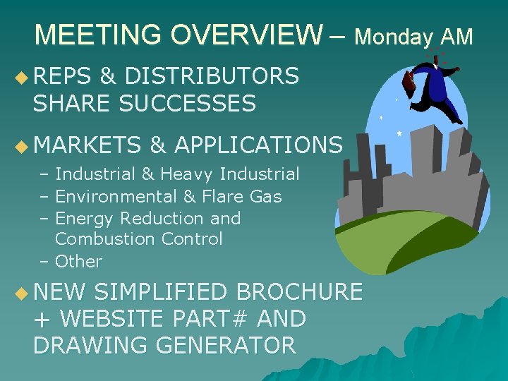 MEETING OVERVIEW – Monday AM u REPS & DISTRIBUTORS SHARE SUCCESSES u MARKETS &