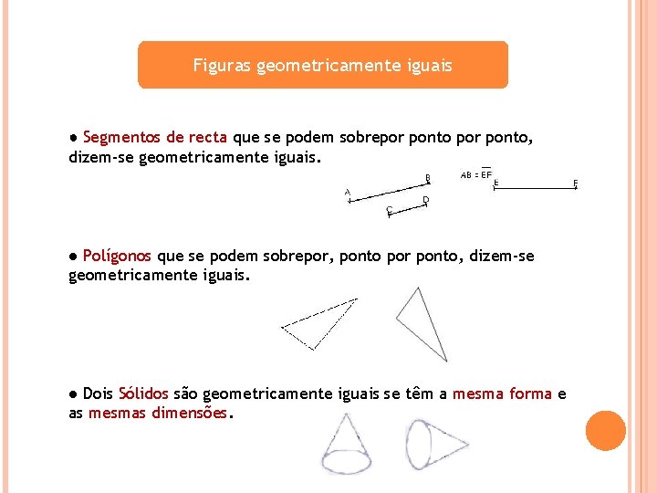 Figuras geometricamente iguais ● Segmentos de recta que se podem sobrepor ponto, dizem-se geometricamente