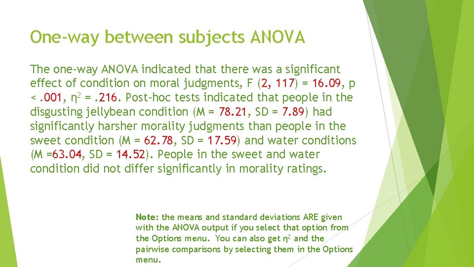 One-way between subjects ANOVA The one-way ANOVA indicated that there was a significant effect