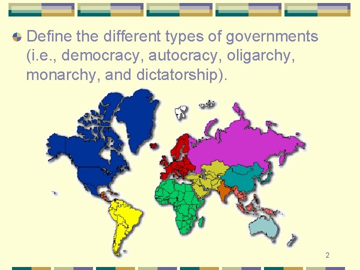 Define the different types of governments (i. e. , democracy, autocracy, oligarchy, monarchy, and