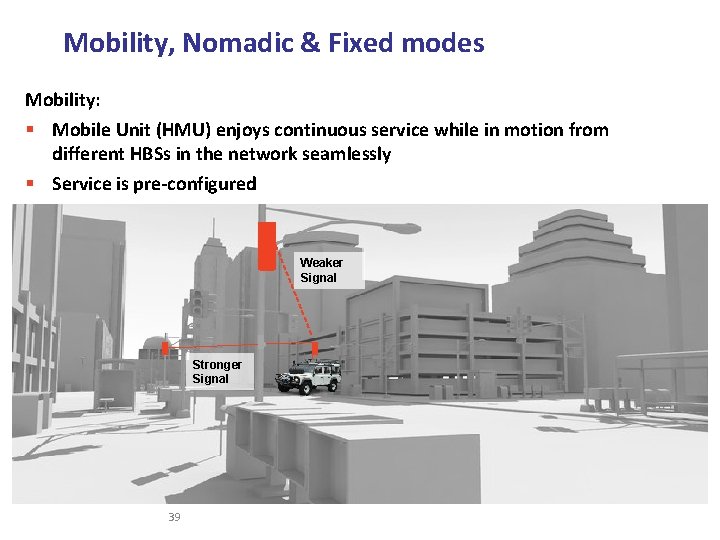 Mobility, Nomadic & Fixed modes Mobility: § Mobile Unit (HMU) enjoys continuous service while