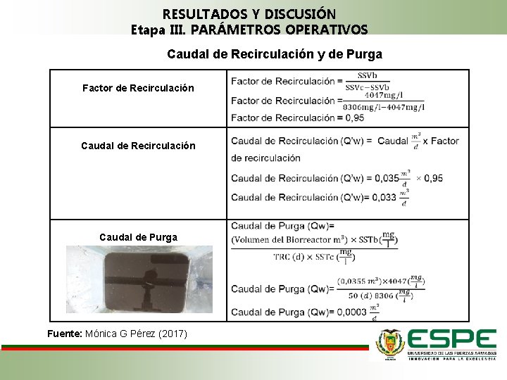 RESULTADOS Y DISCUSIÓN Etapa III. PARÁMETROS OPERATIVOS Caudal de Recirculación y de Purga Factor