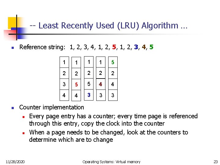 -- Least Recently Used (LRU) Algorithm … n n Reference string: 1, 2, 3,