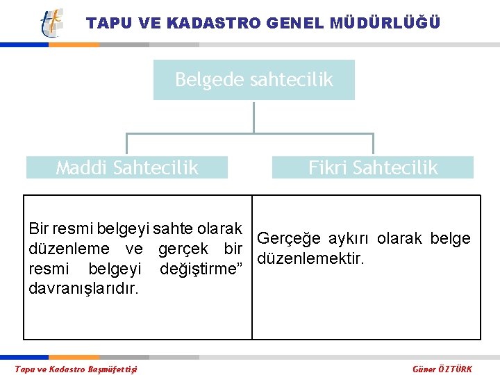 TAPU VE KADASTRO GENEL MÜDÜRLÜĞÜ Belgede sahtecilik Maddi Sahtecilik Fikri Sahtecilik Bir resmi belgeyi
