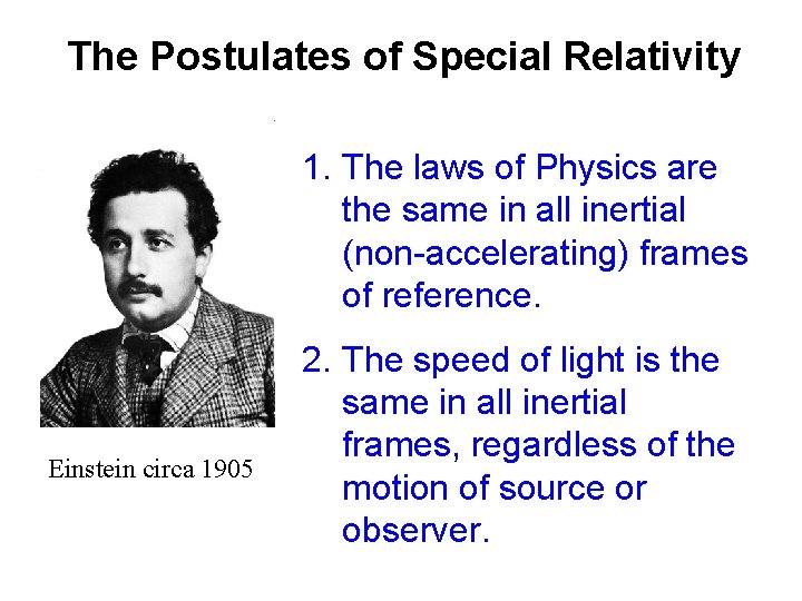 The Postulates of Special Relativity 1. The laws of Physics are the same in
