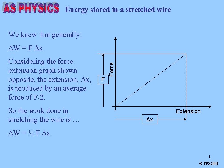 Energy stored in a stretched wire We know that generally: Considering the force extension