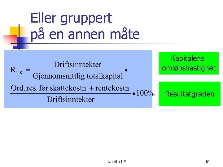 Eller gruppert på en annen måte Kapitalens omløpshastighet Resultatgraden Kapittel 6 10 