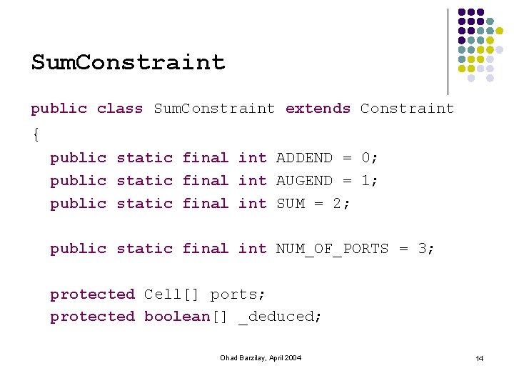 Sum. Constraint public class Sum. Constraint extends Constraint { public static final int ADDEND