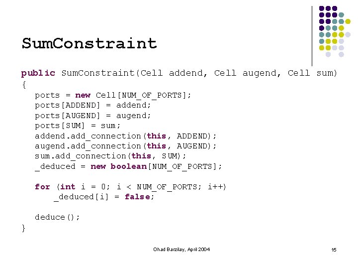 Sum. Constraint public Sum. Constraint(Cell addend, Cell augend, Cell sum) { ports = new