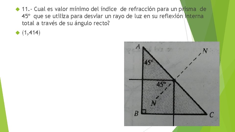  11. - Cual es valor mínimo del índice de refracción para un prisma