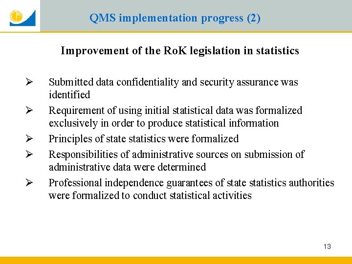 QMS implementation progress (2) Improvement of the Ro. K legislation in statistics Ø Ø