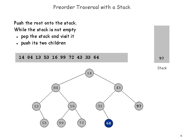 Preorder Traversal with a Stack Push the root onto the stack. While the stack