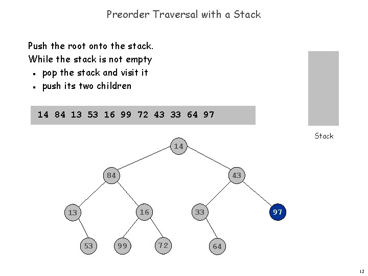 Preorder Traversal with a Stack Push the root onto the stack. While the stack