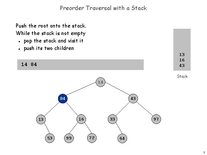 Preorder Traversal with a Stack Push the root onto the stack. While the stack