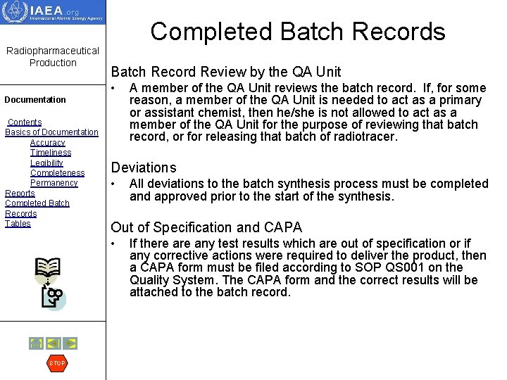 Completed Batch Records Radiopharmaceutical Production Batch Record Review by the QA Unit • Documentation