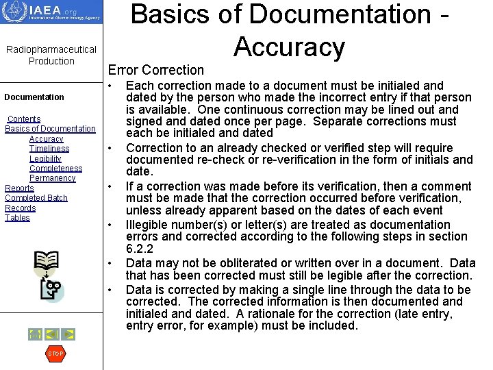 Radiopharmaceutical Production Basics of Documentation Accuracy Error Correction • Documentation Contents Basics of Documentation