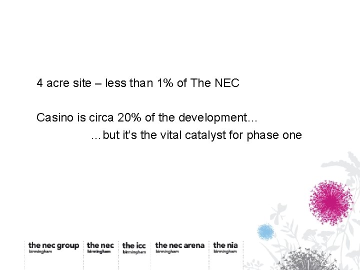 4 acre site – less than 1% of The NEC Casino is circa 20%