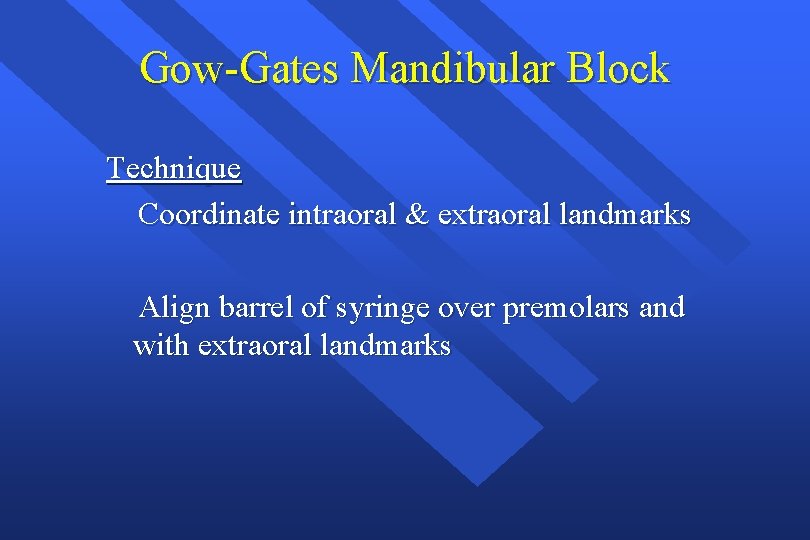 Gow-Gates Mandibular Block Technique Coordinate intraoral & extraoral landmarks Align barrel of syringe over