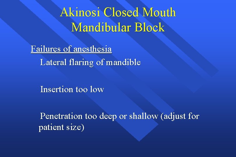 Akinosi Closed Mouth Mandibular Block Failures of anesthesia Lateral flaring of mandible Insertion too