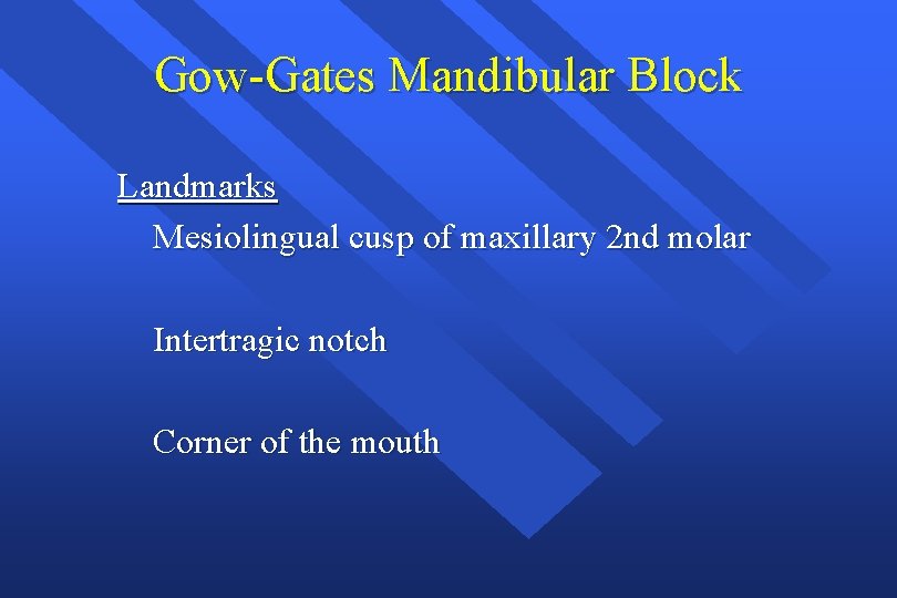 Gow-Gates Mandibular Block Landmarks Mesiolingual cusp of maxillary 2 nd molar Intertragic notch Corner