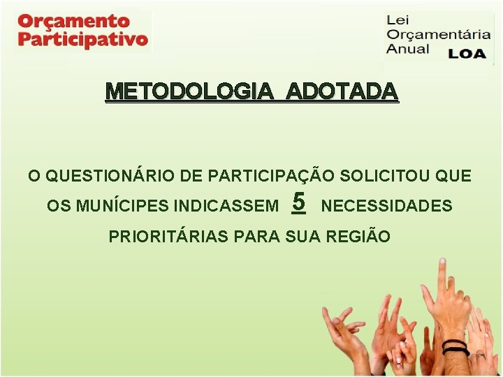METODOLOGIA ADOTADA O QUESTIONÁRIO DE PARTICIPAÇÃO SOLICITOU QUE OS MUNÍCIPES INDICASSEM 5 NECESSIDADES PRIORITÁRIAS