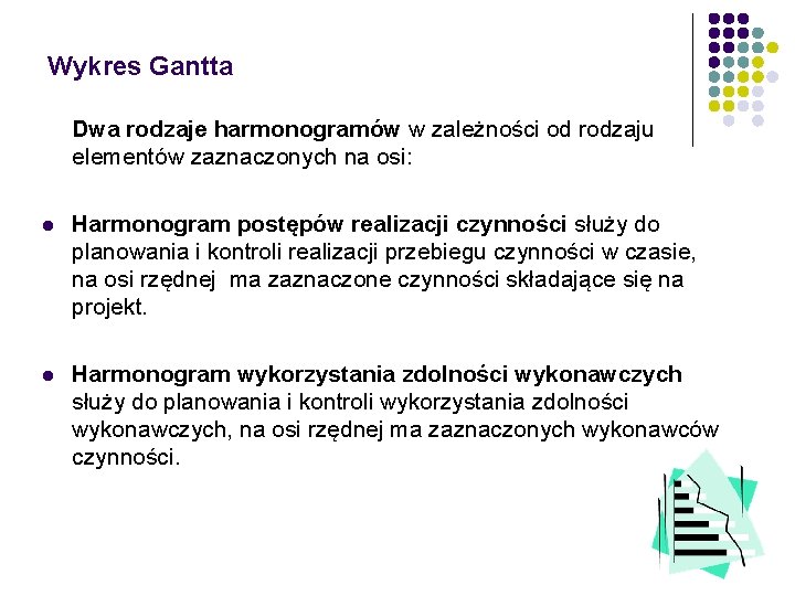 Wykres Gantta Dwa rodzaje harmonogramów w zależności od rodzaju elementów zaznaczonych na osi: l