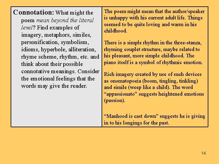 Connotation: What might the poem mean beyond the literal level? Find examples of imagery,