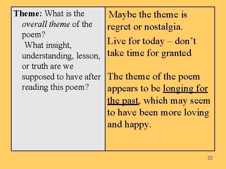 Theme: What is the overall theme of the poem? What insight, understanding, lesson, or