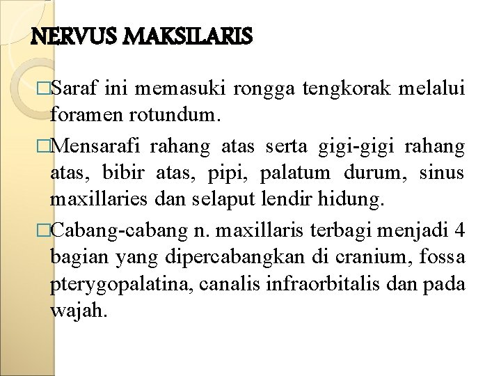 NERVUS MAKSILARIS �Saraf ini memasuki rongga tengkorak melalui foramen rotundum. �Mensarafi rahang atas serta