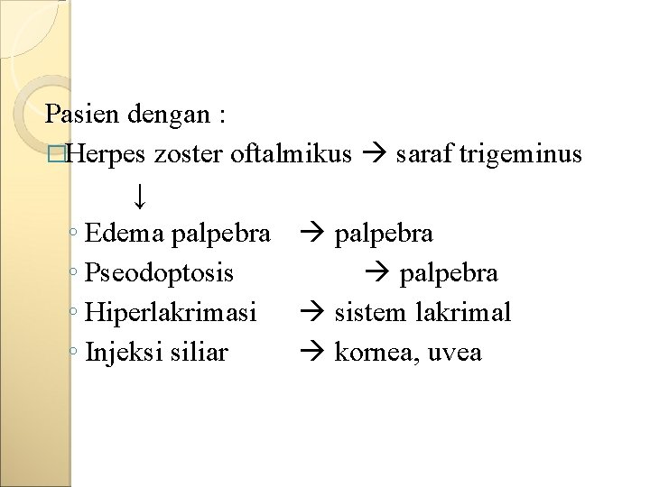 Pasien dengan : �Herpes zoster oftalmikus saraf trigeminus ↓ ◦ Edema palpebra ◦ Pseodoptosis