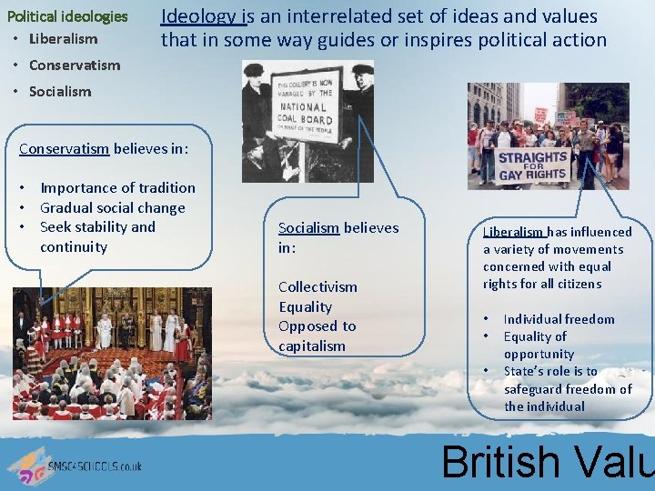 Political ideologies • Liberalism Ideology is an interrelated set of ideas and values that