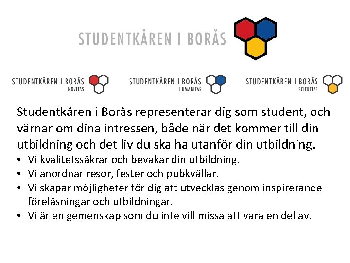 Studentkåren i Borås representerar dig som student, och värnar om dina intressen, både när