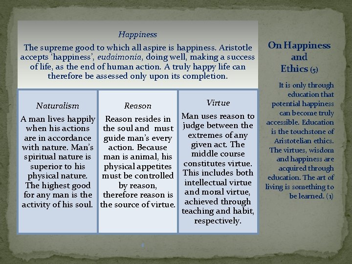 Happiness The supreme good to which all aspire is happiness. Aristotle accepts ‘happiness’, eudaimonia,