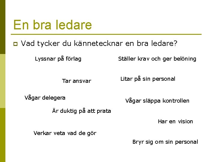 En bra ledare p Vad tycker du kännetecknar en bra ledare? Lyssnar på förlag
