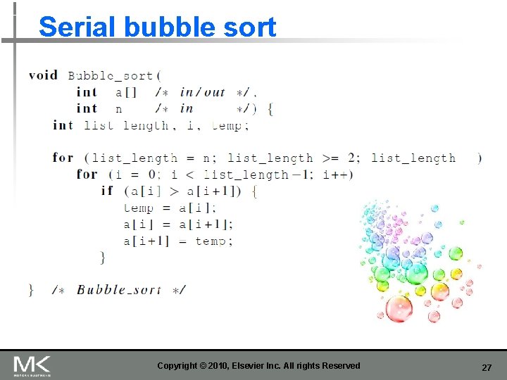 Serial bubble sort Copyright © 2010, Elsevier Inc. All rights Reserved 27 