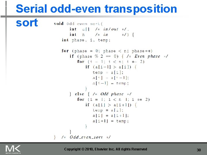 Serial odd-even transposition sort Copyright © 2010, Elsevier Inc. All rights Reserved 30 