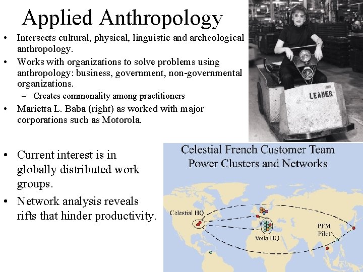 Applied Anthropology • Intersects cultural, physical, linguistic and archeological anthropology. • Works with organizations
