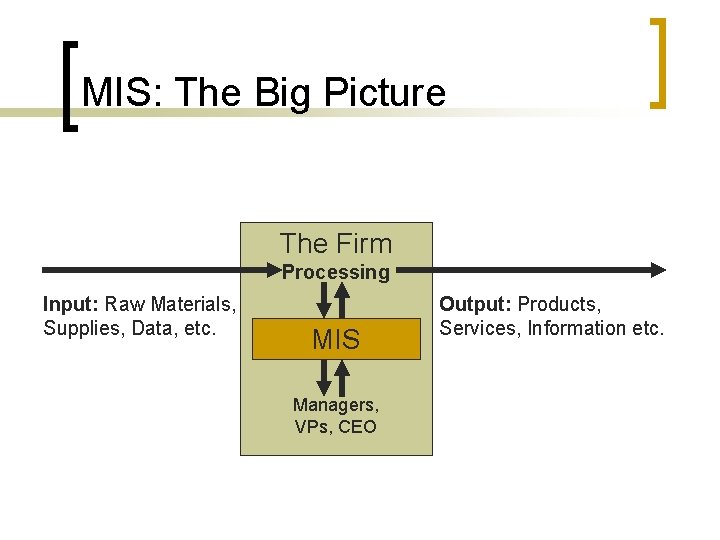 MIS: The Big Picture The Firm Processing Input: Raw Materials, Supplies, Data, etc. MIS